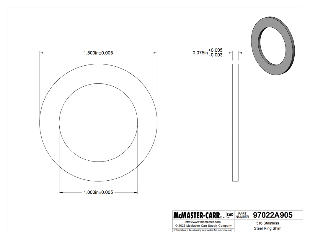 Technical Drawing of 316 Stainless Steel Ring Shim, 0.075" Thick, 1" ID.